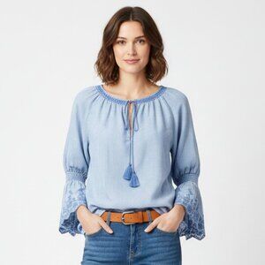 Michael Stars Blue Peasant Boho Long Sleeve embroidered peasant top M